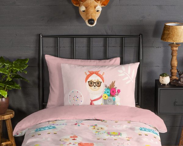 Good Morning Kinderdekbedovertrek "lama's" - Roze - (140x200/220 cm) - Katoen Flanel - Afbeelding 3
