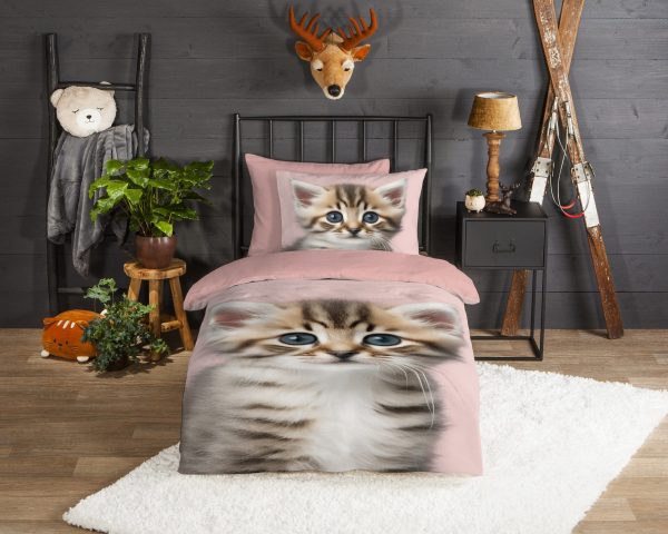 Good Morning Kinderdekbedovertrek "kat" - Roze - (140x200/220 cm) - Katoen Flanel - Afbeelding 2