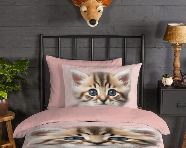 Good Morning Kinderdekbedovertrek "kat" - Roze - (140x200/220 cm) - Katoen Flanel - Afbeelding 3
