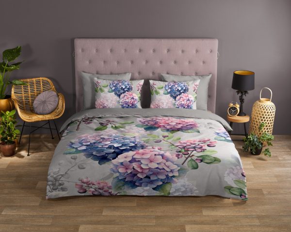 Good Morning Dekbedovertrek "hortensia bloemen" - Grijs - (200x200/220 cm) - Katoen - Afbeelding 2