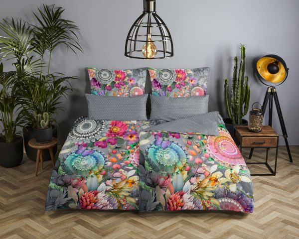 HIP Dekbedovertrek "mandalas en bloemen" - Grijs - (200x200 cm) - Katoen Satijn - Afbeelding 2