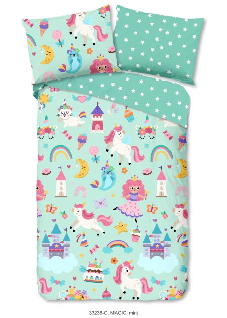 Good Morning Kinderdekbedovertrek "eenhoorn, prinses, regenboog" - Mint - (140x200 cm) - Katoen