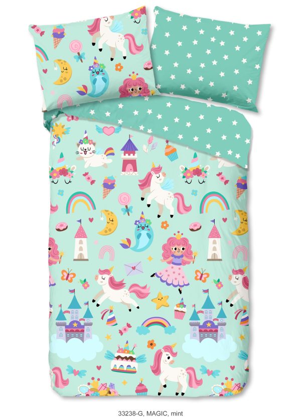 Good Morning Kinderdekbedovertrek "eenhoorn, prinses, regenboog" - Mint - (140x200 cm) - Katoen