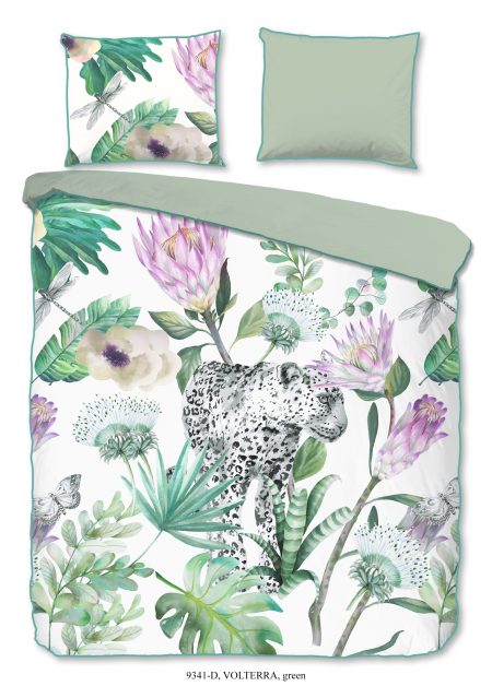 Descanso Dekbedovertrek "bloemen met een luipaard" - Groen - (200x200/220 cm) - Biologisch Katoen satijn