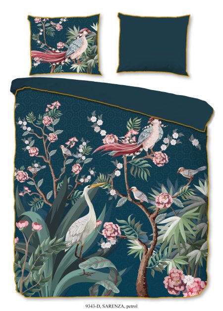 Descanso Dekbedovertrek "kraanvogel met bloemen" - Petrol - (200x200/220 cm) - Biologisch Katoen satijn