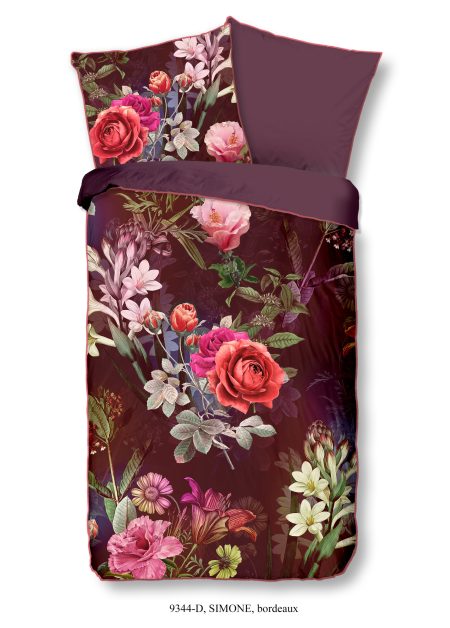 Descanso Dekbedovertrek "bloemen" - Bordeaux - (135x200 cm) - Biologisch Katoen satijn