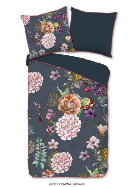 Descanso Dekbedovertrek "bloemen" - Antraciet - (155x220 cm) - Biologisch Katoen satijn