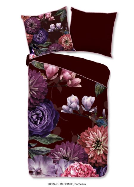 Descanso Dekbedovertrek "bloemen" - Bordeaux - (135x200 cm) - Biologisch Katoen satijn