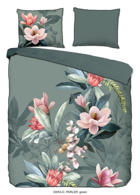 Descanso Dekbedovertrek "bloemen" - Groen - (140x200/220 cm) - Biologisch Katoen satijn