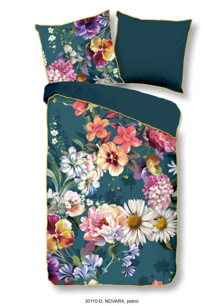 Descanso Dekbedovertrek "bloemen" - Petrol - (155x220 cm) - Biologisch Katoen satijn