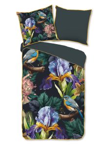 Descanso Dekbedovertrek "bloemen en vogels" - Antraciet - (155x220 cm) - Katoen Satijn