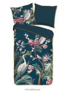 Descanso Dekbedovertrek "kraanvogel met bloemen" - Petrol - (135x200 cm) - Biologisch Katoen satijn