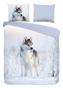 Good Morning Dekbedovertrek "husky hond" - Blauw - (200x200/220 cm) - Katoen