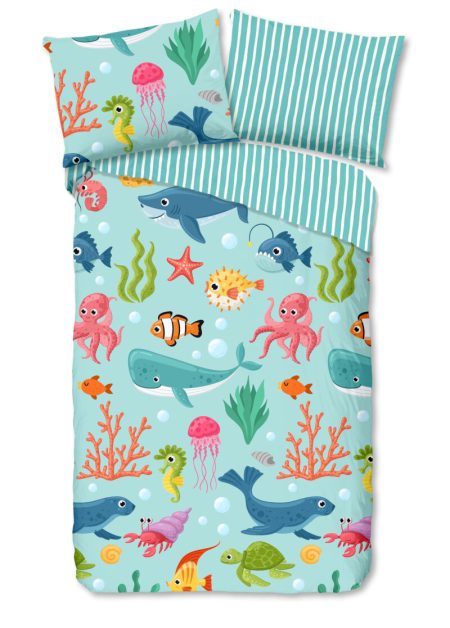 Good Morning Dekbedovertrek "zeedieren" - Aqua - (140x200 cm) - Katoen