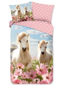 Good Morning Kinderdekbedovertrek "witte paarden met bloemen" - Roze - (140x200/220 cm) - Katoen