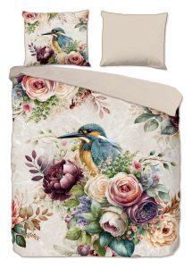 Descanso Dekbedovertrek "bloemen en vogels" - Zand - (200x200/220 cm) - Katoen Satijn