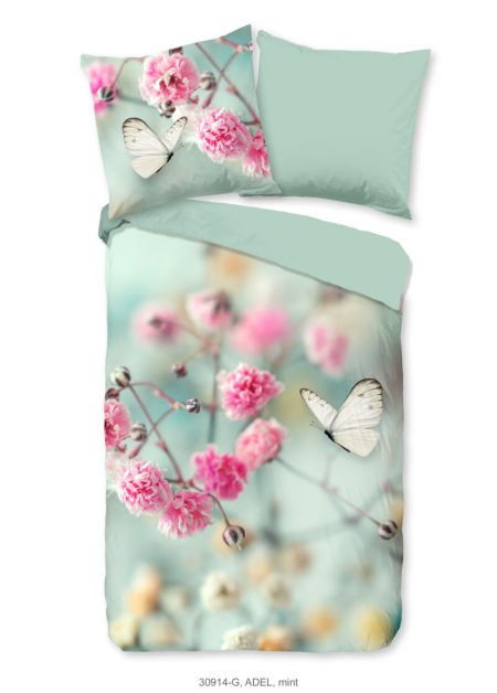 Good Morning Dekbedovertrek "bloemen en vlinders" - Mint - (200x200 cm) - Katoen
