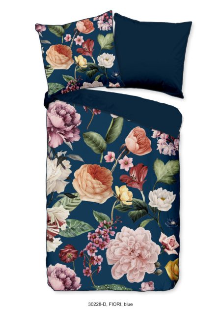 Descanso Dekbedovertrek "bloemen" - Blauw - (155x220 cm) - Biologisch Katoen satijn