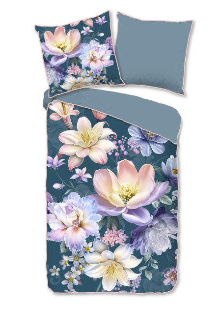 Descanso Dekbedovertrek "bloemen" - Petrol - (200x200 cm) - Katoen Satijn