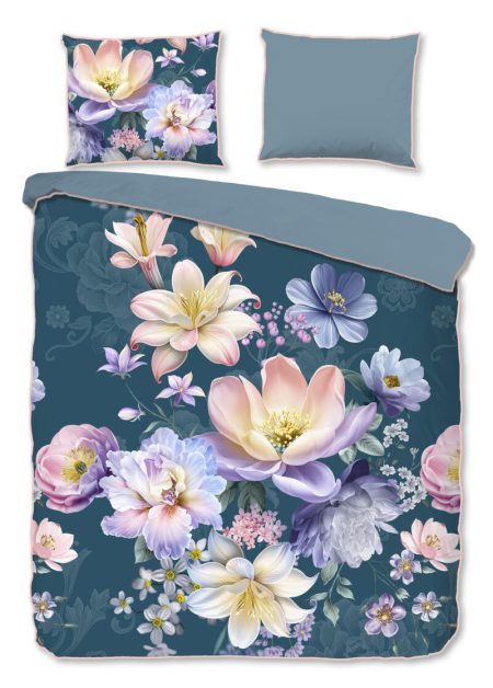 Descanso Dekbedovertrek "bloemen" - Petrol - (240x200/220 cm) - Katoen Satijn