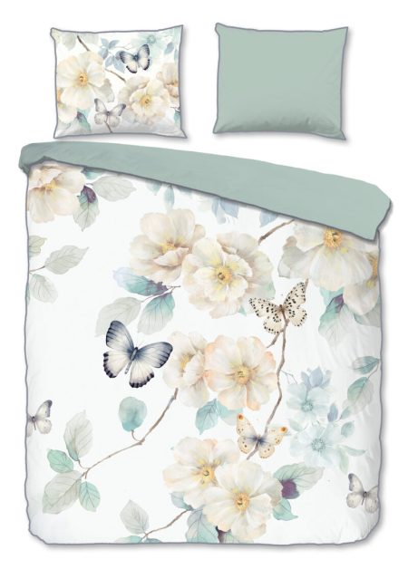 Descanso Dekbedovertrek "bloemen en vlinders" - Wit - (240x200/220 cm) - Katoen Satijn