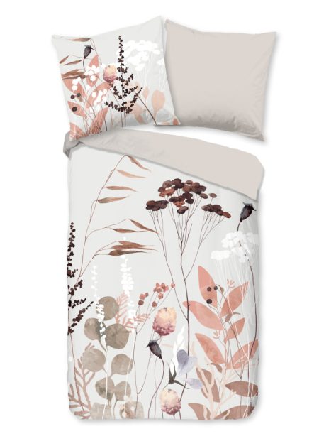 Good Morning Dekbedovertrek "bloemen en bladeren" - Grijs - (155x220 cm) - Katoen
