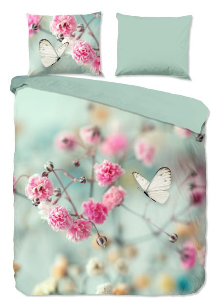 Good Morning Dekbedovertrek "bloemen en vlinders" - Mint - (200x200/220 cm) - Katoen