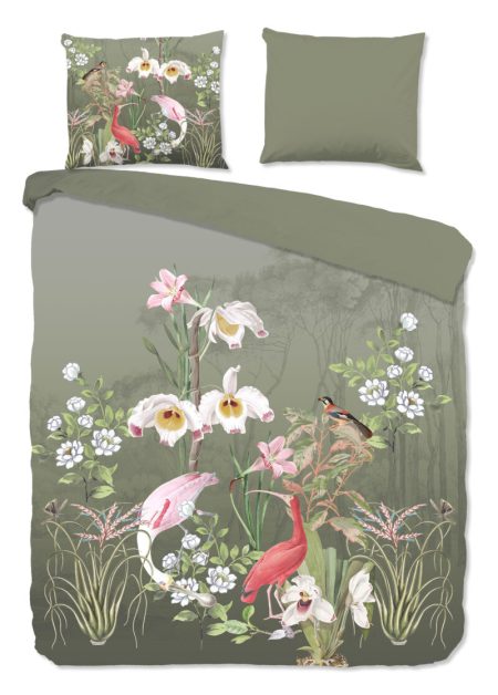Good Morning Dekbedovertrek "bloemen en vogels" - Groen - (200x200/220 cm) - Katoen