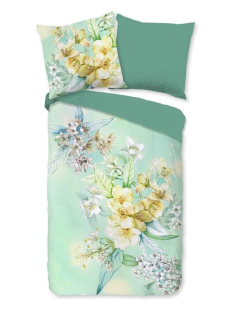 Good Morning Dekbedovertrek "getekende bloemen" - Groen - (155x220 cm) - Katoen