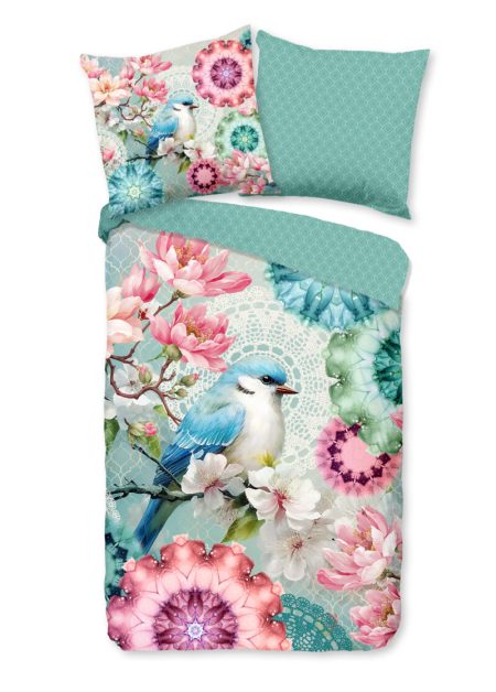 HIP Dekbedovertrek "mandalas, bloemen & vogel" - Mint - (135x200 cm) - Katoen Satijn