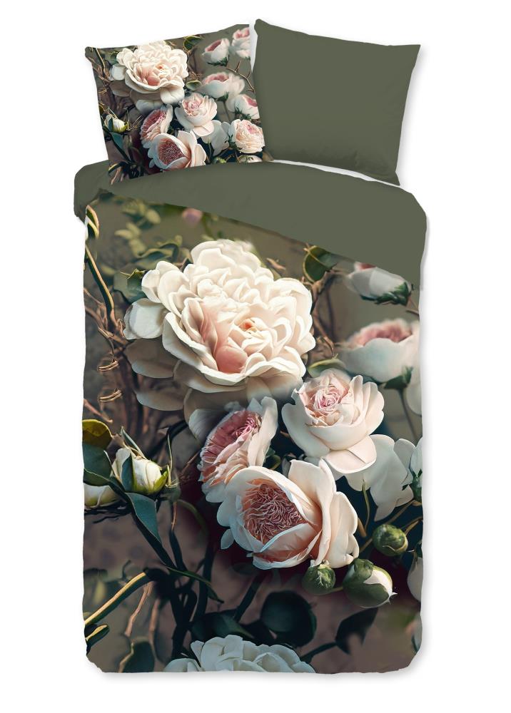 Pure Dekbedovertrek "White Roses" - Groen - (140x220 cm) - 100% Polyester
