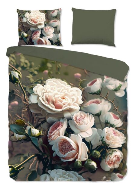 Pure Dekbedovertrek "White Roses" - Groen - (200x220 cm) - 100% Polyester