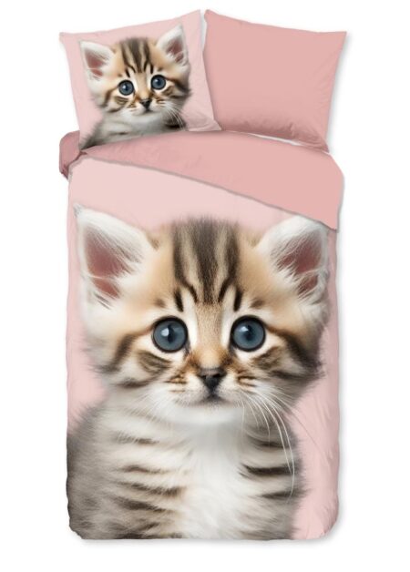 Good Morning Kinderdekbedovertrek "Meow" - Roze - (140x220 cm) - 100% Katoen