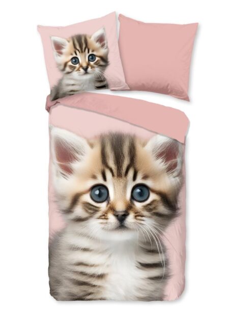 Good Morning Kinderdekbedovertrek "Meow" - Roze - (135x200 cm) - 100% Katoen