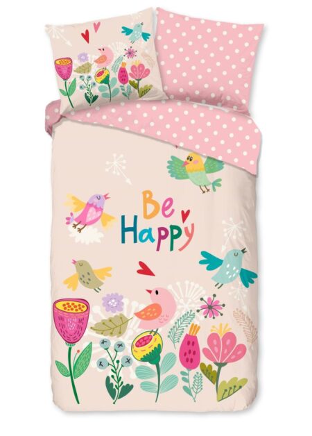 Good Morning Kinderdekbedovertrek "Happily" - Roze - (140x220 cm) - 100% Katoen