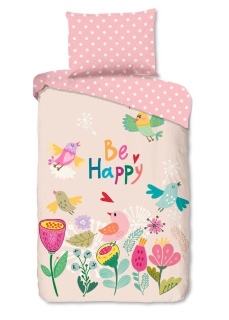Good Morning Kinderdekbedovertrek "Happily" - Roze - (140x200 cm) - 100% Katoen